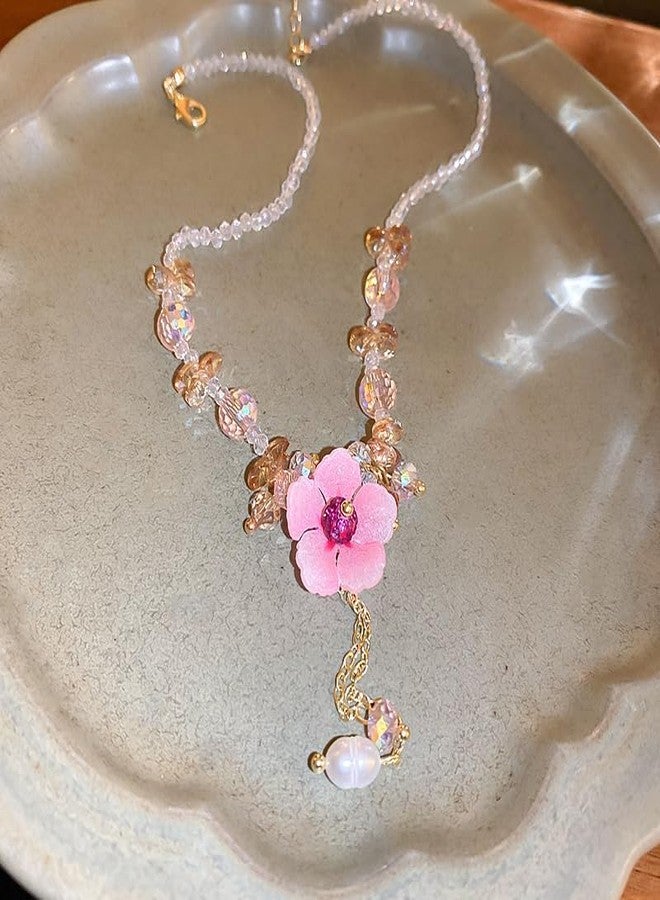 Cykdohy Cute Pink Flower Pendant Transparent Crystal Beads Choker Necklace for Women Sweet Dainty Handmade Adjustable Rhinestone Beaded Chain Necklaces Fairy Y2k Pearl Tassel Charm Summer Beach Jewelry - Image 4